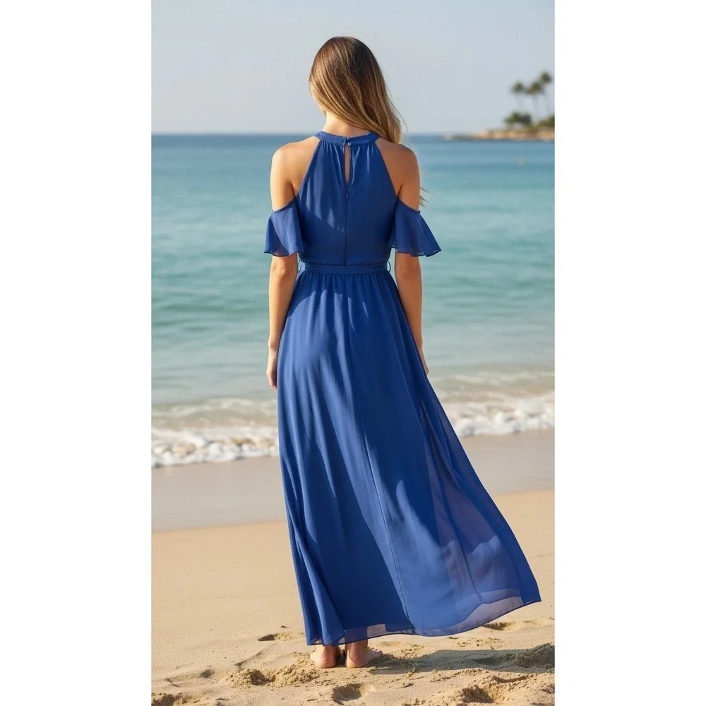 royal blue flowy dress Maxi XXL Faux Wrap Cold shoulder Belt Halter Lined NWT stilettos